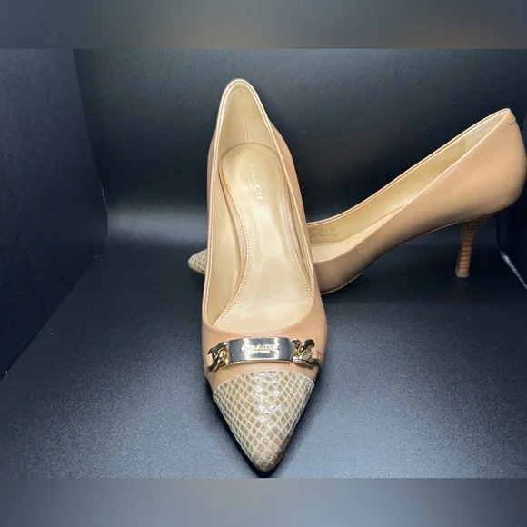 Coach Nude Pointed-Toe Flats with Gold Chain & Snakeskin Toe - Picture 9 of 12